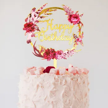 Aukso Akrilo Rožių Gėlių Laimingas Gimtadienio Tortas Topper Vestuvių Gimtadienio Baby Shower Pyragas Desertas Kepimo Apdaila