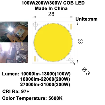 Aukštos CRI Ra 97+ 100W 200W 300W 28mm COB LED Itin Ryškioje Dienos šviesoje Baltos 5600K 