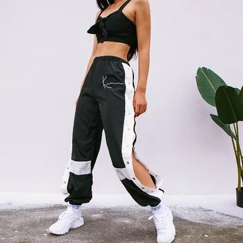 HOUZHOU Poilsiu Moterų Kelnes Hip-Hop Kratinys Sweatpants Haremas Atsitiktinis Šalutinis Padalinta Mygtuką Panelled Aukšto Liemens Kelnės Streetwear