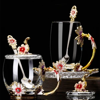 Kūrybinės Emalio Vandens Stiklo Kavos Puodelis 3D Rožių Gėlių Kristalų atsparūs Karščiui Gerti Arbatos Puodelio Namų Drinkware Mamos Meilužis Vestuvių Dovana
