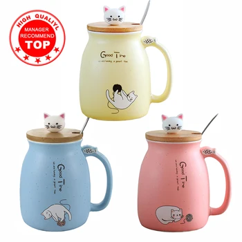 Kūrybos spalvos katė karščiui atsparaus Puodelis animacinių filmų su dangteliu 450ml taurės kačiukas kavos keramikos puodelius vaikų taurės office Drinkware dovana