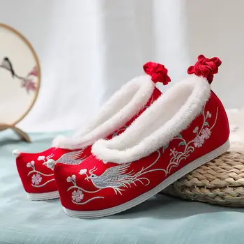 Pasakų Cosplay Tradicinės Kinų Batai Siuvinėjimo Gėlių Derliaus Hanfu Batai Moterims aukštakulnį Jautienos Mergaitė Žiemos Lolita Batai