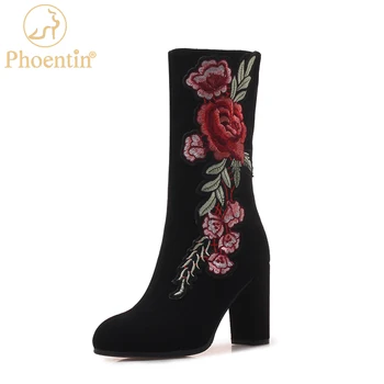 Phoentin Etninės Rudens Žiemos vidurio blauzdos batai Gėlių Aplikacija Suede Black Bateliai trumpas įkrovos moterys pusė zip dydis 43 FT1936