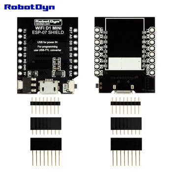 RobotDyn WIFI D1 mini - ESP-07 Skydas, su pin-antraščių rinkinys, suderinamas su Arduino plokštės WI-FI ESP8266, 