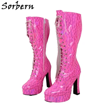 Sorbern Hot Pink Patentų Moterų Batai Lakinės Odos Blokuoti Aukštakulniai Platformos Batai Nėrinių Stambusis Obcasie Dizainerio Batus Užsakymą