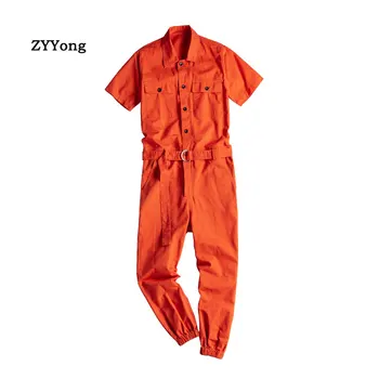 ZYYong Vasaros Vyrų Orange trumparankoviai Jumpsuit Hip-Hop Atsitiktinis Multi-Pocket vientisos Spalvos vyriški darbo drabužių Mados vyriškos Kelnės